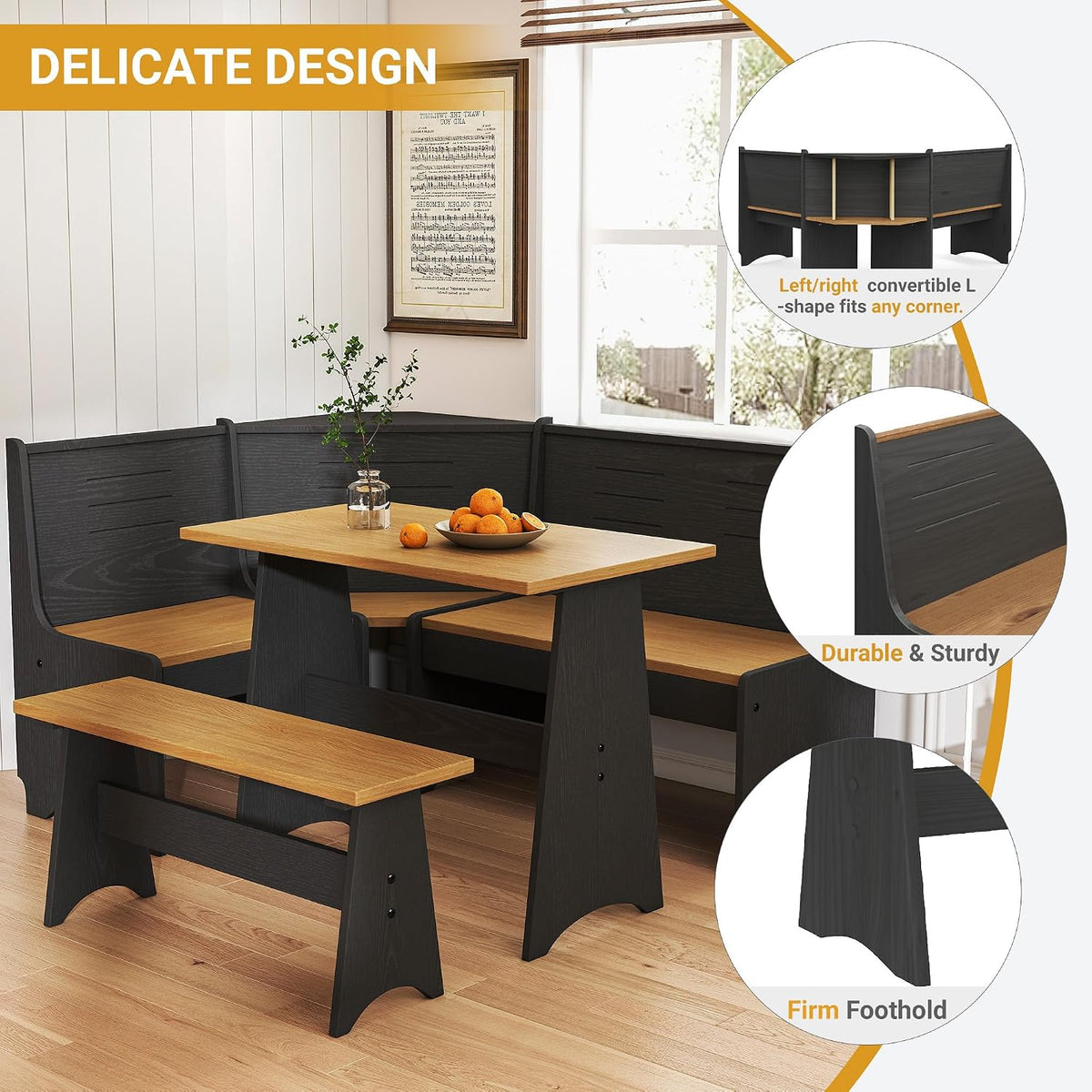 Breakfast Nook Set 3-4 Seat L-Shaped with Hidden Storage - Space Saving Corner Kitchen Dining Table & Bench Set - Farmhouse Family Home Wood Black