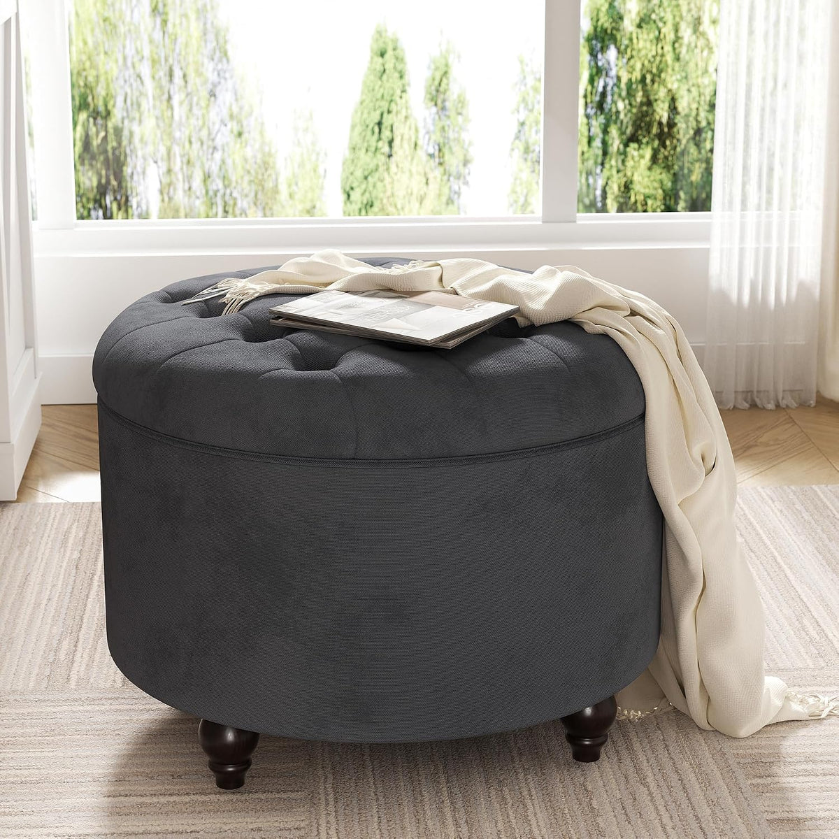 24 Inch Round Storage Ottoman,Modern Tufted Ottomans,Circular Coffee Table with Removable Top,Upholstered Large Ottoman with Storage Footrest Stool for Bedroom Living Room (Darkgrey)