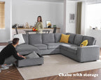 112" Sectional Couch, U Shaped Couch with Storage, Couches for Living Room | Storage Chaise, Cup Holders, USB & Type-C Charging Ports, L Shaped Sofa for Living Room & Guest Bedroom, Corduroy Grey