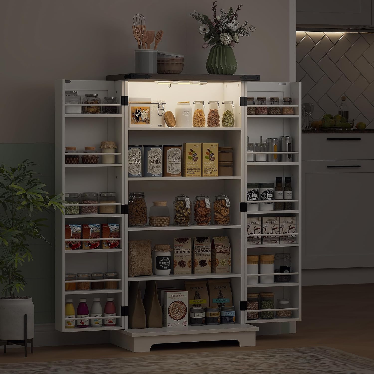HOMCOM 47" LED Kitchen Pantry Cabinet with Barn Door 5 Deep Shelves White | Farmhouse Storage Cabinet, 12 Door Shelves, Freestanding Food Pantry