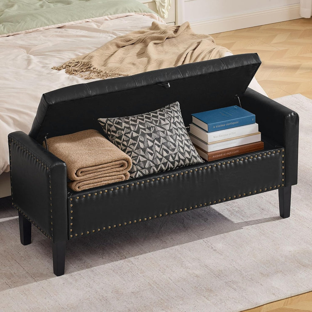 WUTUTUEE 47" Modern Water-Resistant Faux Leather Storage Ottoman Bench with Wooden Legs, Upholstered End of Bed Bench for Bedroom, Living Room or Entryway, Black