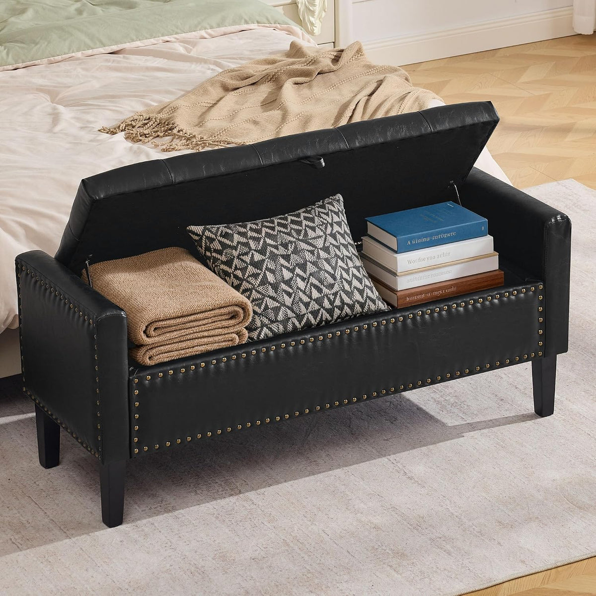 WUTUTUEE 47" Modern Water-Resistant Faux Leather Storage Ottoman Bench with Wooden Legs, Upholstered End of Bed Bench for Bedroom, Living Room or Entryway, Black