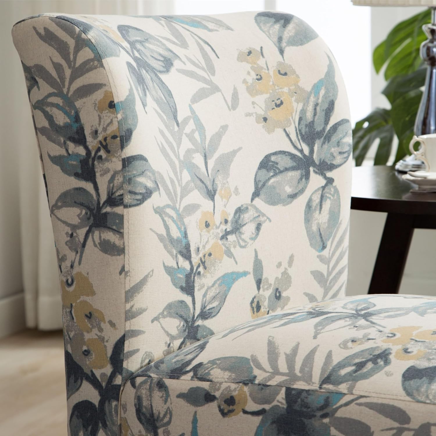 Roundhill Furniture Capa Print abric Armless Contemporary Accent Chair, Blue Leaves