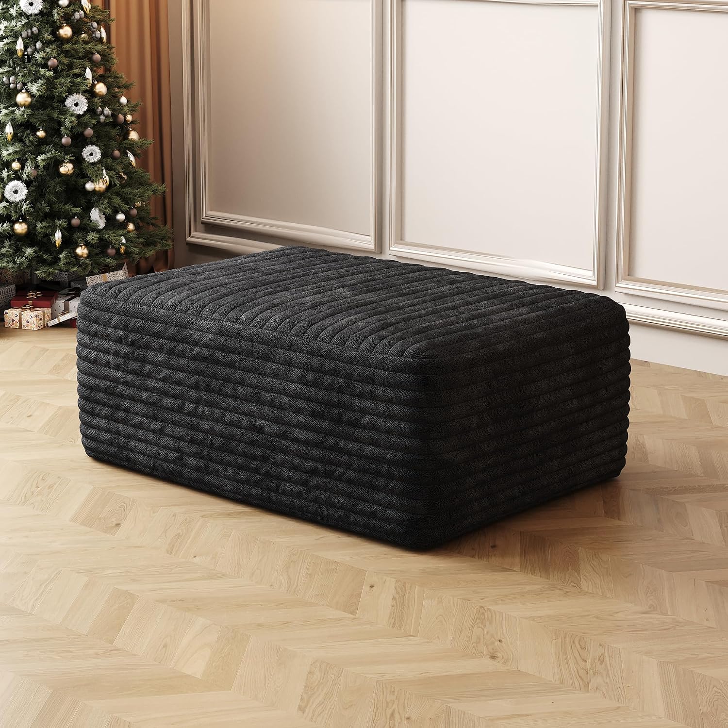37.4" Plush Corduroy Ottoman, Upholstered Cloud Ottoman for Couch in a Box, Modular Sectional Couches for Living Room, Compressed Memory Foam, No Assembly Require, Black