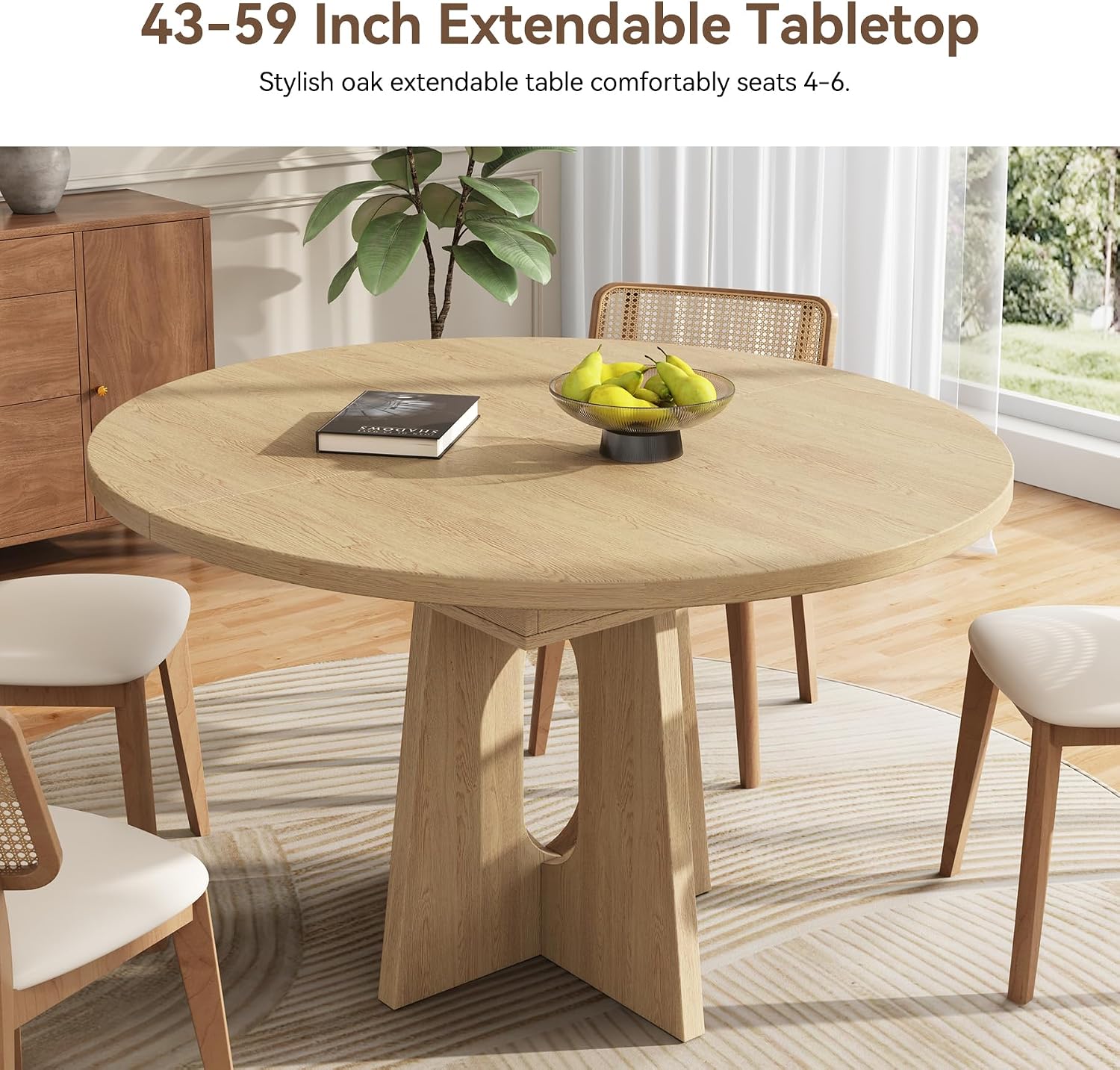 Epecoya 59-Inch Extendable Round Dining Table for Dining Room, Light Oak | 4-6 People Farmhouse Oval Wood Expandable Kitchen Dinner Table with Heavy Cross Pedestal for Living Room, Apartment