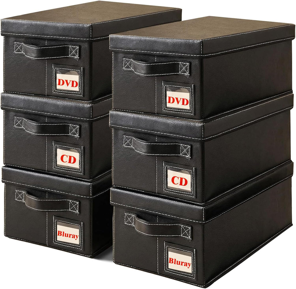 DVD Storage Box 6 Pack, PU Leather DVD Organizer Stackable, Holds 156 DVDs, Disc Organizer for Blu ray CD Video Game, Home Entertainment Media Holder