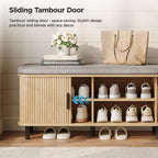 Maupvit Shoe Storage Bench with Smooth Fluted Sliding Doors, 2 Tier Hidden Shoe Organizer Cabinet, Adjustable Shelf & Comfy Cushion Seat for Entrance, Mudroom, Front Door, 39" W Shoe Rack Natural Oak