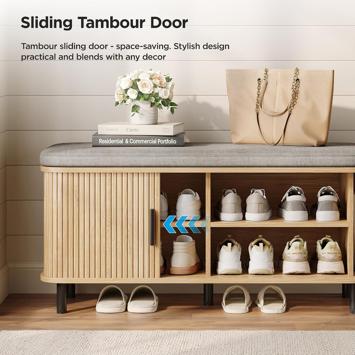 Maupvit Shoe Storage Bench with Smooth Fluted Sliding Doors, 2 Tier Hidden Shoe Organizer Cabinet, Adjustable Shelf & Comfy Cushion Seat for Entrance, Mudroom, Front Door, 39" W Shoe Rack Natural Oak