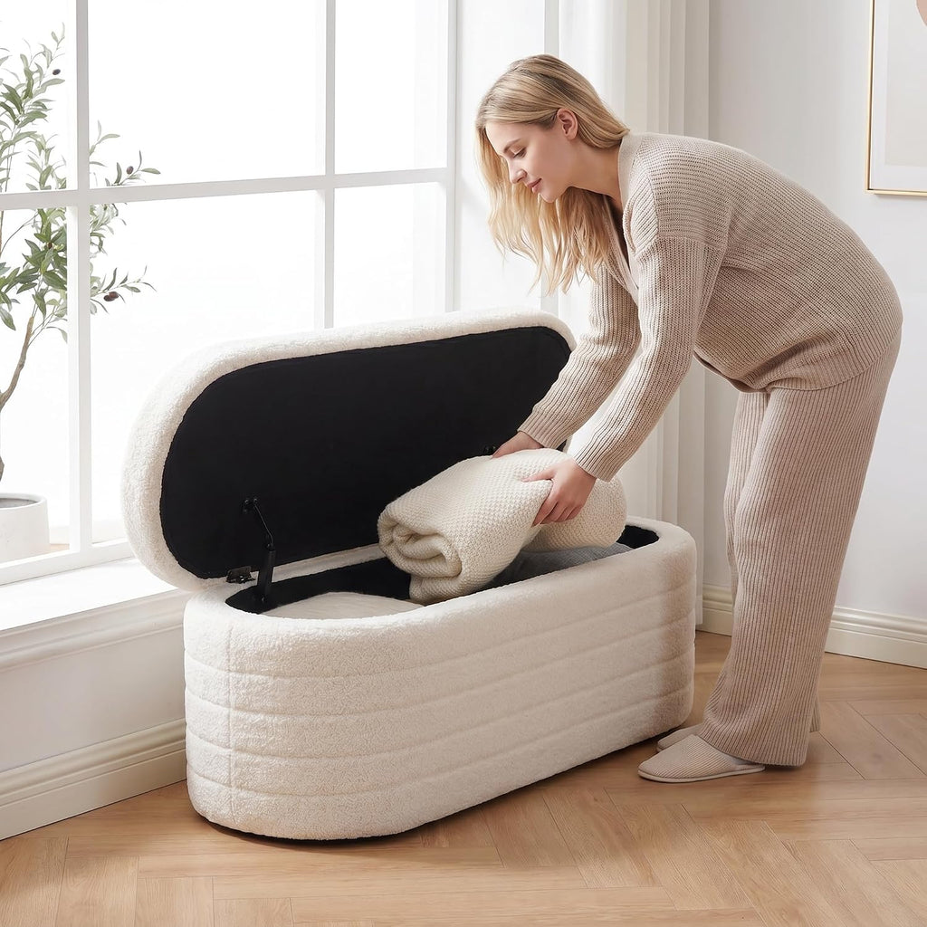 Teddy Sherpa Storage Ottoman Bench End of Bed, White | Modern Boucle, Oval Design, Safety Hinge Lid, Hidden Storage, Window Seat, Living Room, Bedroom, Entryway, No Assembly
