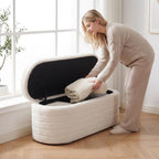 Teddy Sherpa Storage Ottoman Bench End of Bed, White | Modern Boucle, Oval Design, Safety Hinge Lid, Hidden Storage, Window Seat, Living Room, Bedroom, Entryway, No Assembly