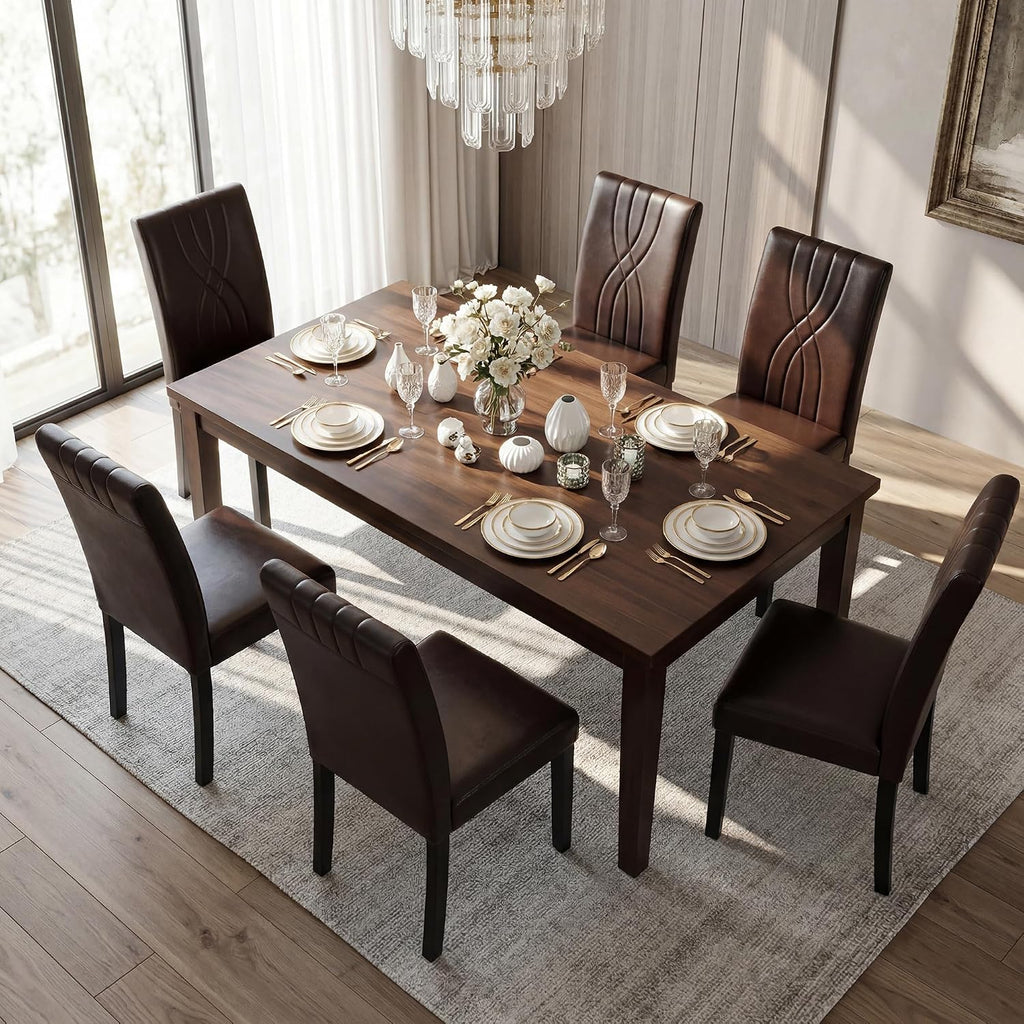 LSSBOUGHT Modern Dining Chair Set of 6,Urban Style Leather Kicthen Chairs with Solid Wood Legs for Dining Room and Restaurant (Brown-Quilted backrest)