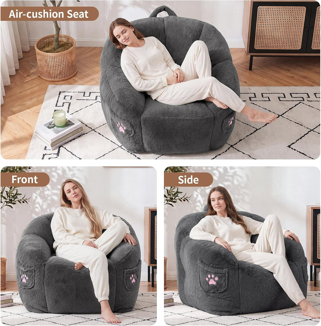 Vipbear Cat Paw Bean Bag Chair, Oversized Air-Cushion Sofa Chair Dark Gray | 39", air-cushion filling, cat paw Pocket, carry handle, oversized firm support, ergonomic, plush faux fur, gaming, reading