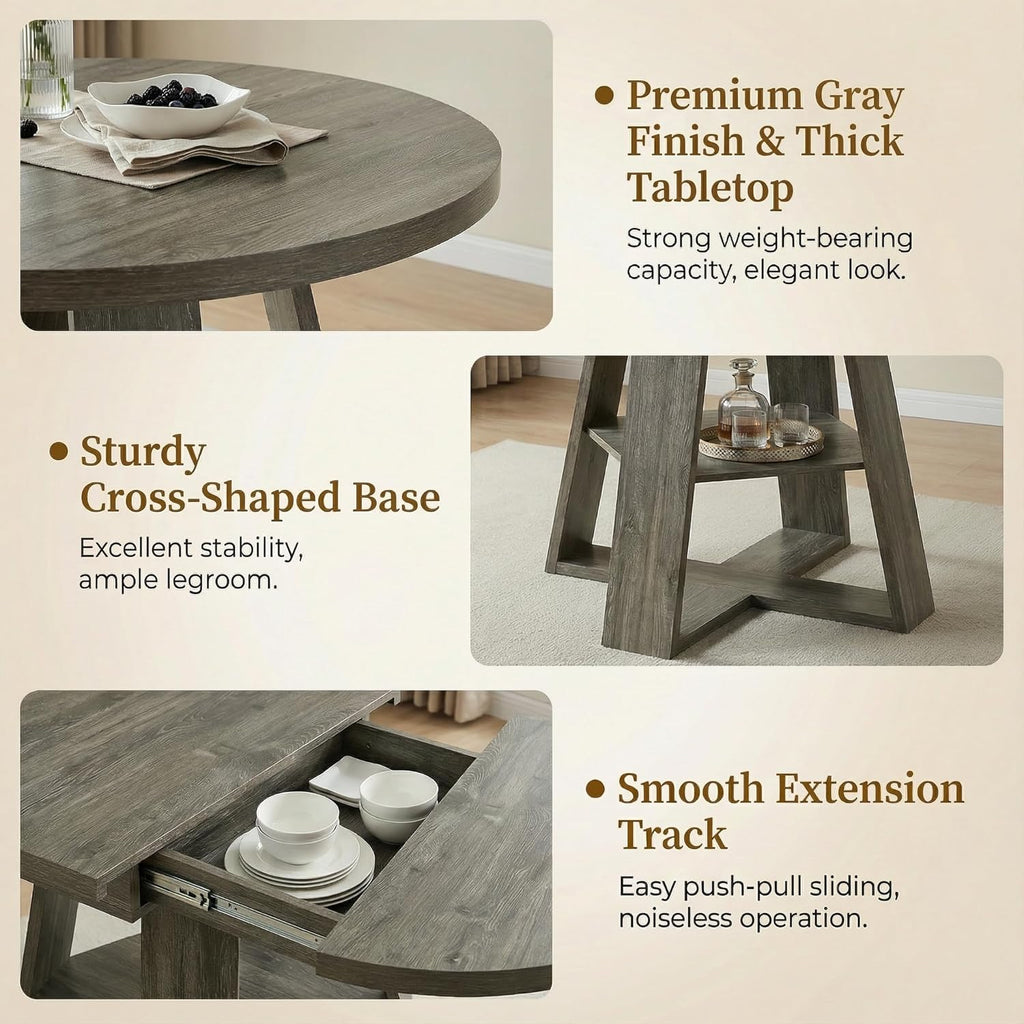 Round Extendable Dining Table Set for 6, 43"-59" Rustic Grey Expandable Kitchen Table with 6 Blue Velvet Tufted Chairs, Farmhouse Wooden Extendable Dining Room Table Set for Small Space Apartment