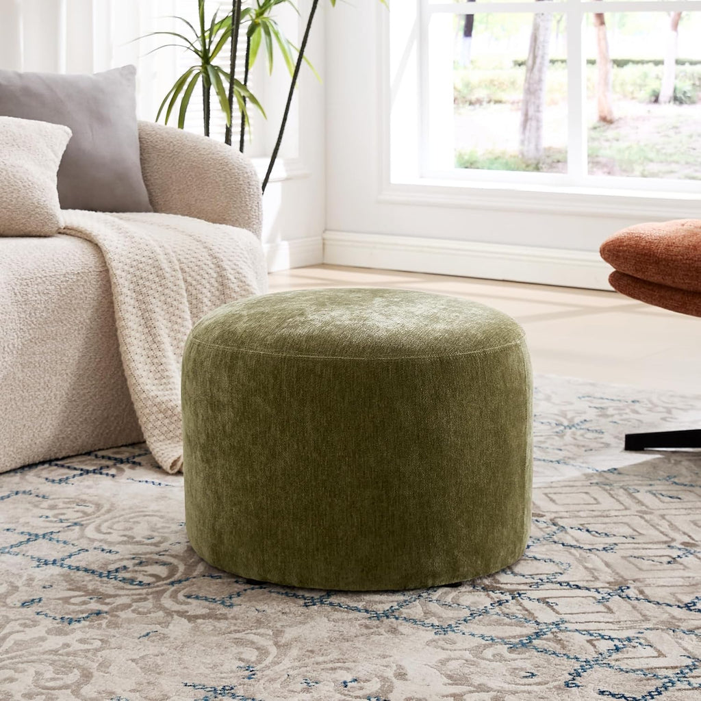 Upholstered Round Green Pouf Ottoman Set of 2, Modern Footstools | Chenille Footrest with Soft Padded Seat & Wood Frame, Sage Green Ottoman, Accent Vanity Stool for Living Room and Bedroom