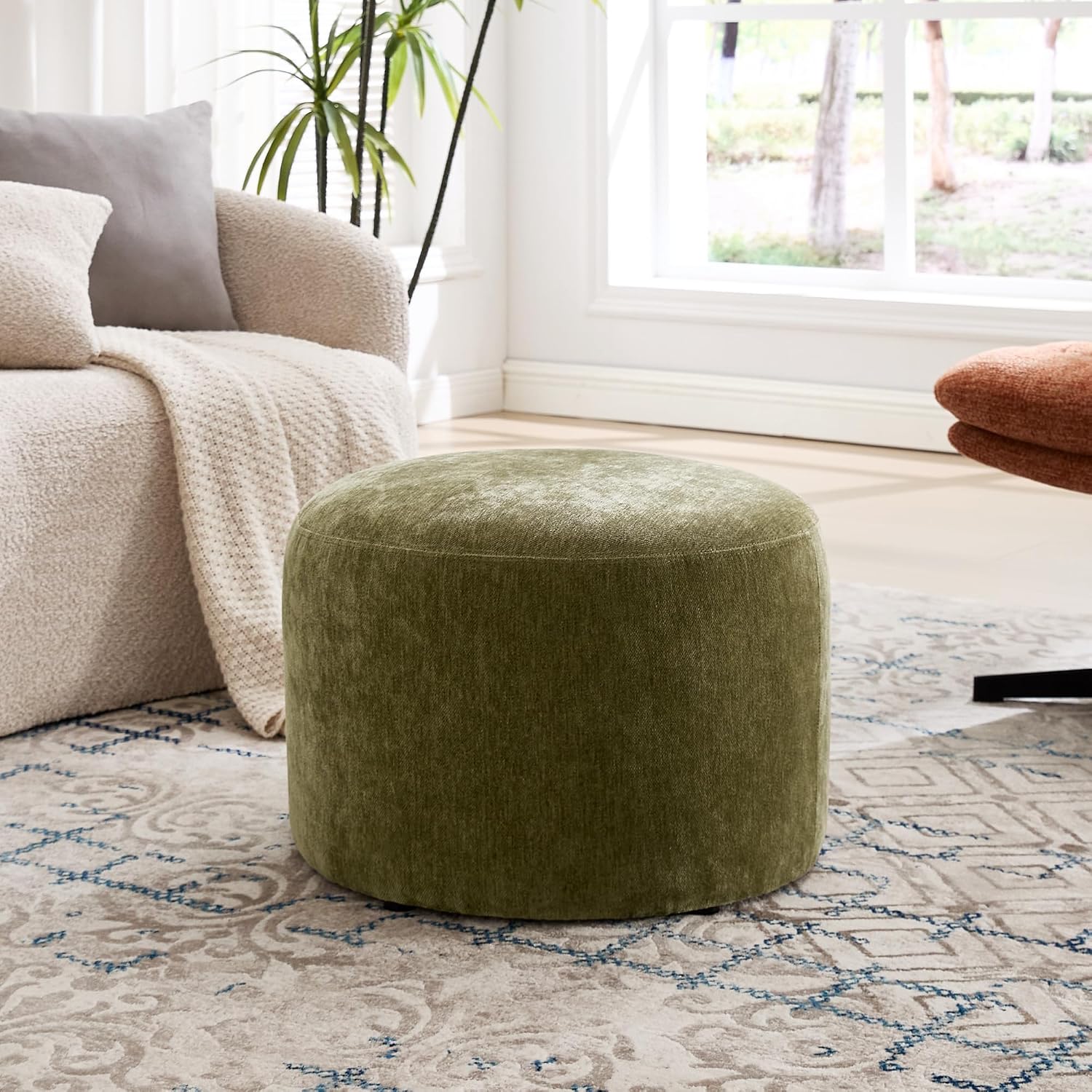 Upholstered Round Green Pouf Ottoman Set of 2, Modern Footstools | Chenille Footrest with Soft Padded Seat & Wood Frame, Sage Green Ottoman, Accent Vanity Stool for Living Room and Bedroom
