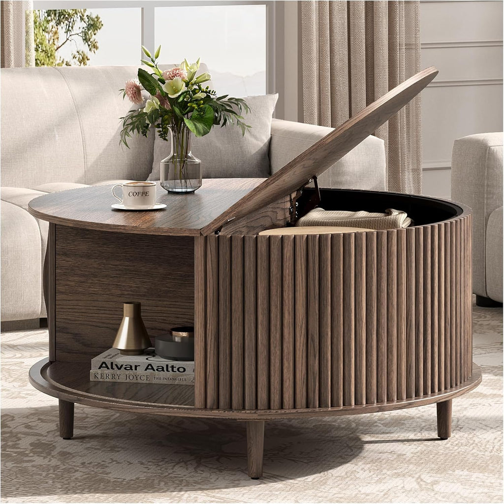 JOINICE,Round Coffee Table with Storage, 31.5" Fluted Center Table for Living Room, Modern Walnut Wood Circle Drum Table with Sliding Cabinet Door, Mid Century Furniture for Small Space