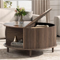 JOINICE,Round Coffee Table with Storage, 31.5" Fluted Center Table for Living Room, Modern Walnut Wood Circle Drum Table with Sliding Cabinet Door, Mid Century Furniture for Small Space