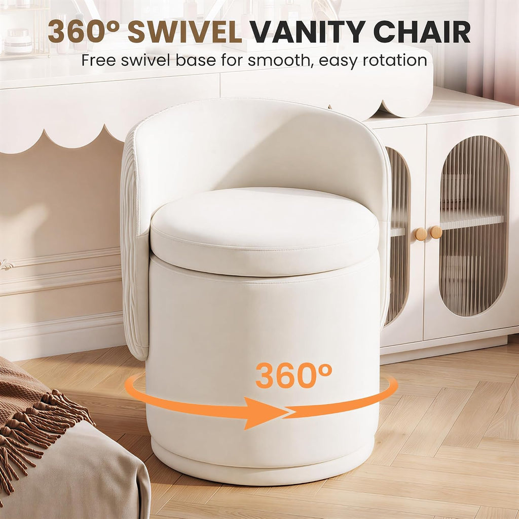 MALOL Ottoman with Storage, Swivel Vanity Stool with Back | 13GAL Velvet Makeup Stool with Reversible Lid, Multi-Functional Makeup Footstool for Bedroom, Beige