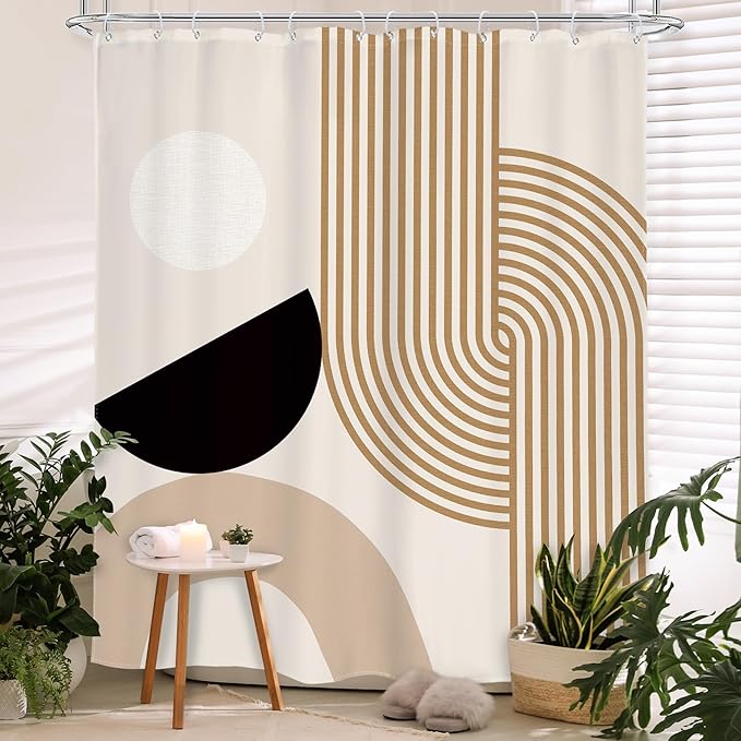 Glawry Mid Century Boho Shower Curtain Abstract Beige Stripe Geometry Arch Simple Minimalist Geometric Bathroom Modern Aesthetic 60Wx72L Inches Bath Accessories Art Home Decor Fabric 12 Pack Hook