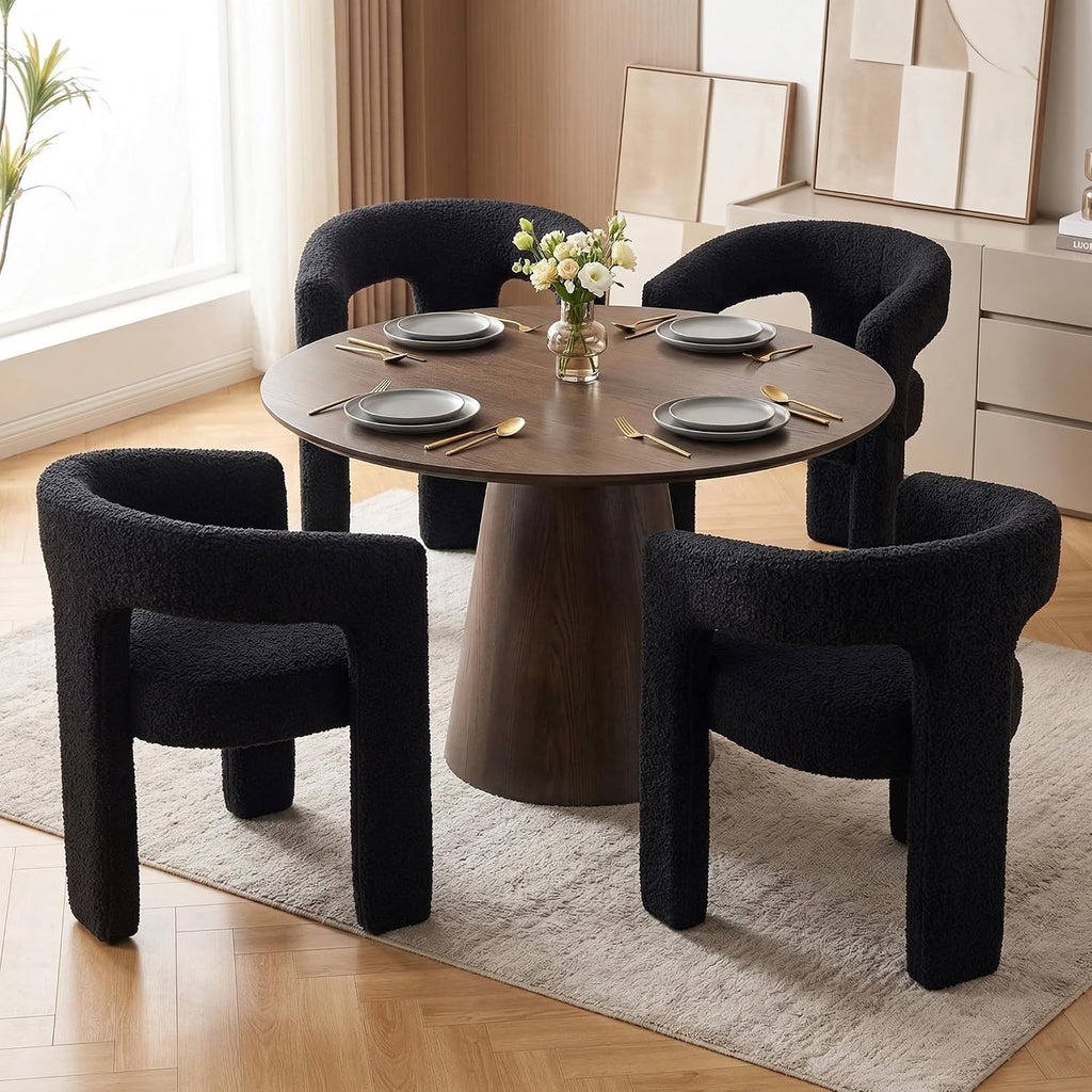 HNY Modern Barrel Kitchen & Dining Room Chairs Set of 6, Sherpa Upholstered Accent Chairs with Arm, 18.5'' Wide Side Armchairs Vanity Chairs for Living Room Bedroom Makeup Small Spaces, Black