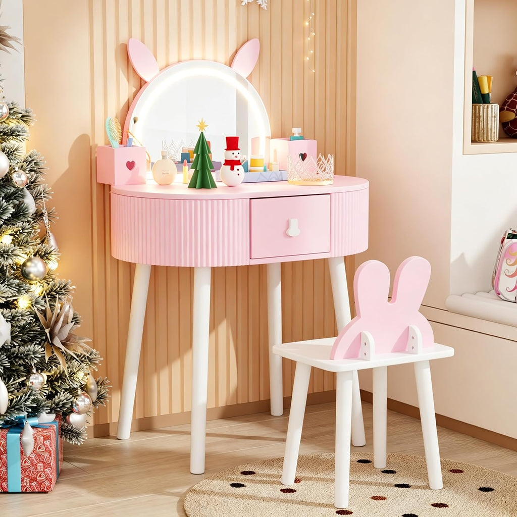 JOYMOR Kids Vanity with Lights, Girls Vanity Set w/Touch Screen 3 Colors Adjustment, Solid Wood Leg, 1 Drawer, 2 Storage Boxes, Kids Vanity Table and Chair Set (Pink)