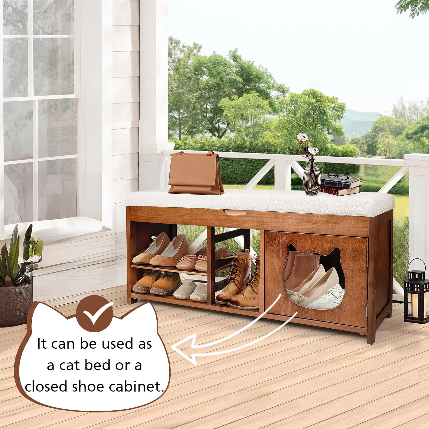 Shoe Bench with Cat Cabinet and Hidden Drawer, 2 Tier Entryway Bench with Storage 43.3 in, Solid Wood Shoe Rack with Cushion for Entryway Hallway Living Room Bedroom (400lbs+)