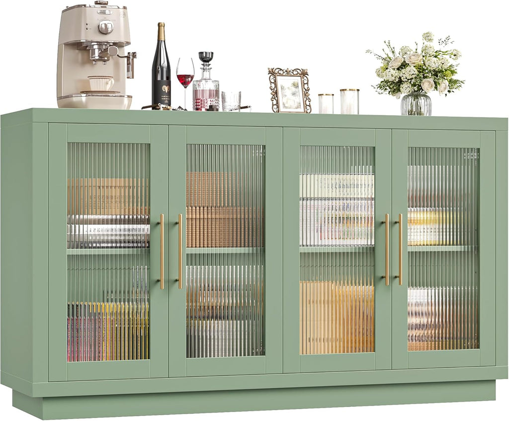 FOTOSOK Buffet Cabinet with Storage, 55.1" Large Sideboard Cabinets, Modern Sideboard Kitchen Cabinet with 4 Fluted Glass Doors, Wood Coffee Bar Buffet Table for Kitchen, Green