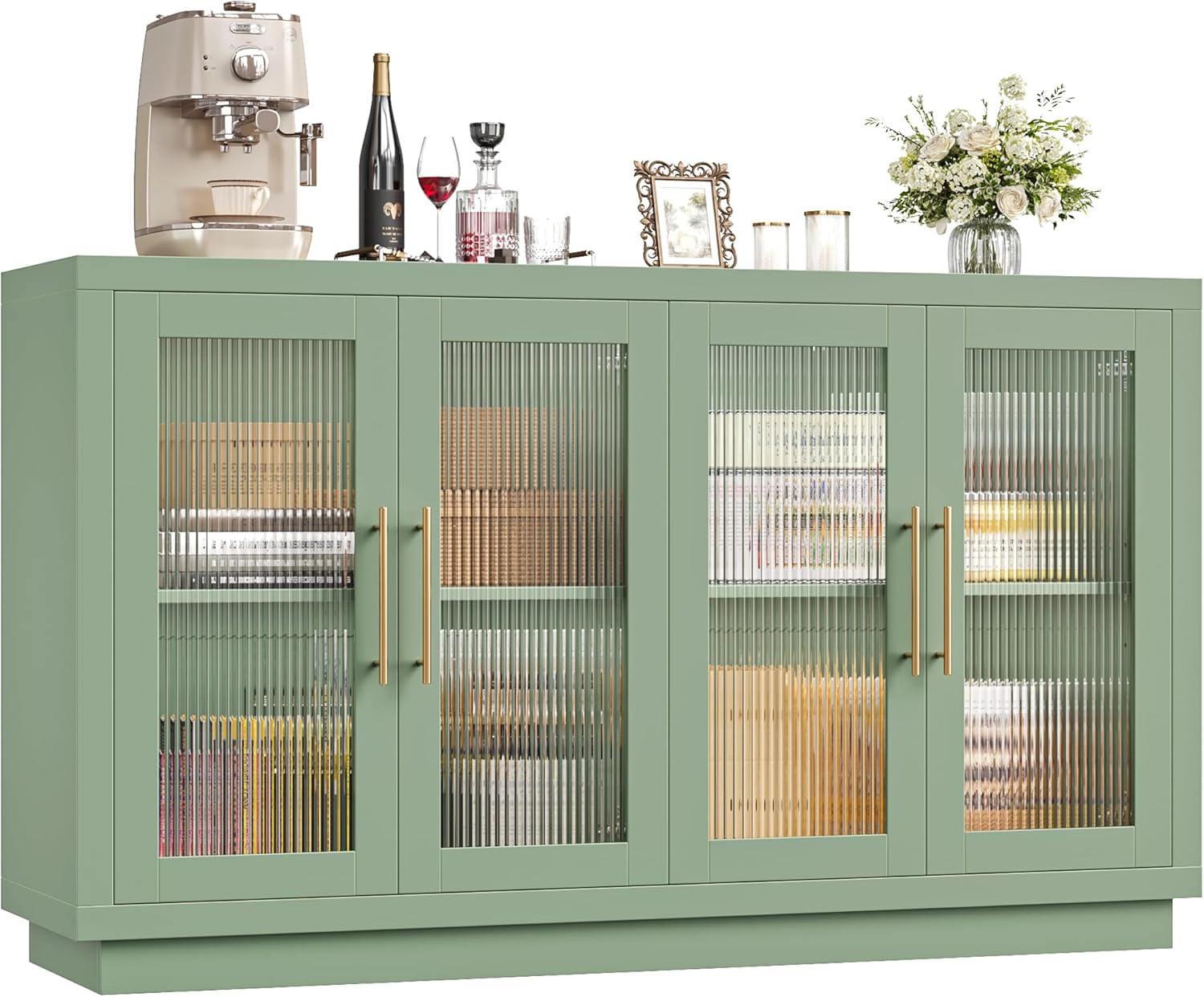 FOTOSOK Buffet Cabinet with Storage, 55.1" Large Sideboard Cabinets, Modern Sideboard Kitchen Cabinet with 4 Fluted Glass Doors, Wood Coffee Bar Buffet Table for Kitchen, Green