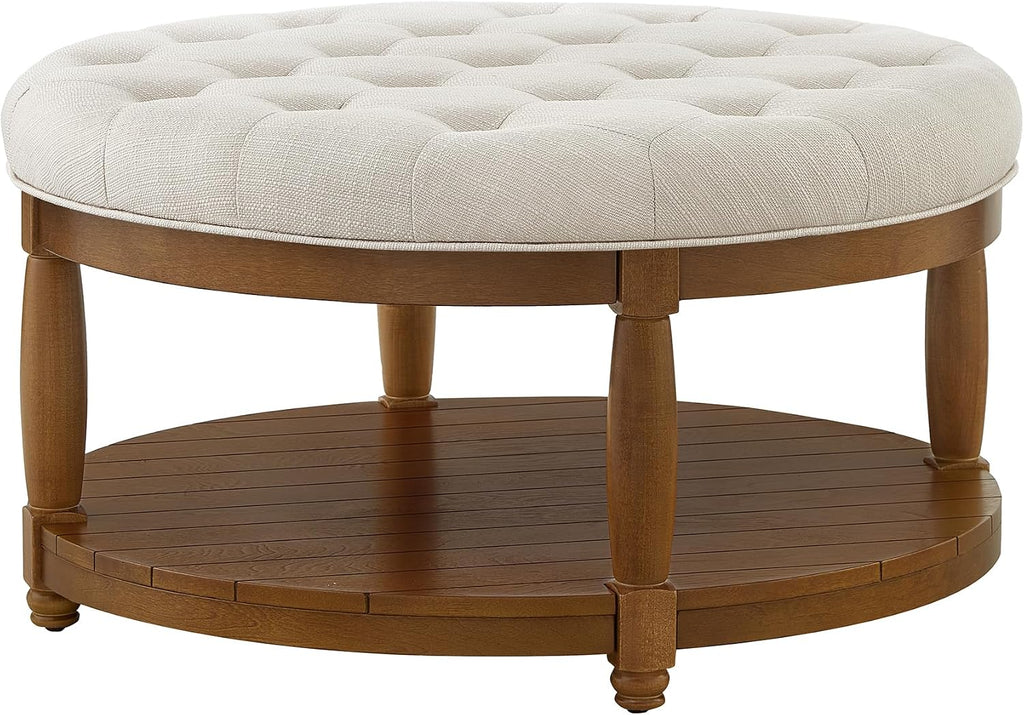 RENSGO 32.5" Large Round Upholstered Tufted Linen Ottoman Coffee Table, Large Footrest Ottoman with Wood Shelf Storage- Ivory