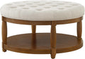 RENSGO 32.5" Large Round Upholstered Tufted Linen Ottoman Coffee Table, Large Footrest Ottoman with Wood Shelf Storage- Ivory