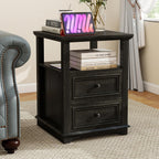 MUUEGM Farmhouse Nightstand 18” Brown End Table with Charging Station Rustic Wood Tall Bedside Table with 2 Drawers Storage Small Dresser Open Shelf for Bedroom, Living Room, Closet
