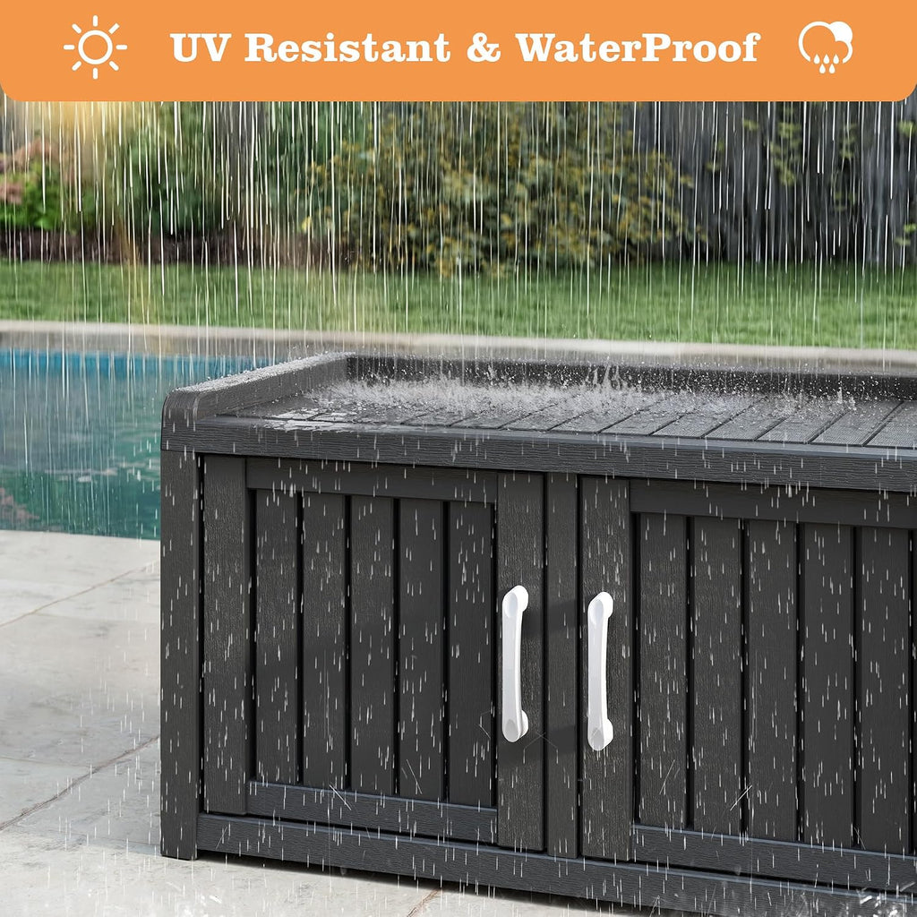 NUNU LAB Outdoor Storage Bench with 2 Barn Doors - Waterproof UV-Resistant Shoe Cabinet for Entryway, Indoor & Outdoor Use, Adjustable Shelves, Easy Assembly (Black, 31.7IN)