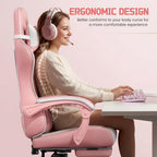 Yaheetech Gaming Chair with Footrest Massage Lumbar Pillow Pink and White | Foam-padded PU leather racing seat and plush headrest recline with a slide-out footrest; metal frame supports up to 300 lb.