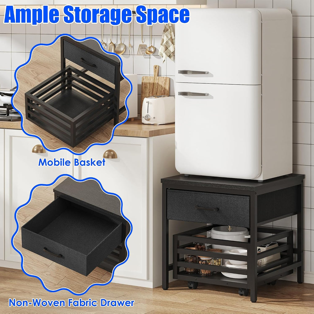 Saudism Mini Fridge Stand with Movable Storage Basket | Mini Fridge Cabinet with Storage Drawer,Sturdy Metal Frame,Great for Dorm Home Office, Full Black