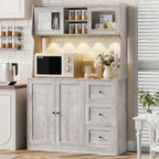 Kitchen Pantry Cabinet with Storage, Buffet Cabinet with Countertop for Microwave Stand, Tall Sideboard Storage Hutch Cabinets with LED, 3 Drawers & Adjustable Shelves for Dining Room, Grey