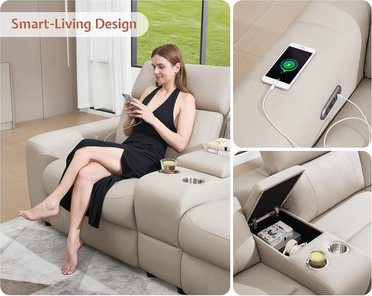 Power Reclining Sectional, Sectional Recliner, Leather Reclining Sectional | Electric Reclining Couch with Storage & USB, Console, Adjustable Headrest & Cup Holders for Living Room, 5-Seater Beige Brown