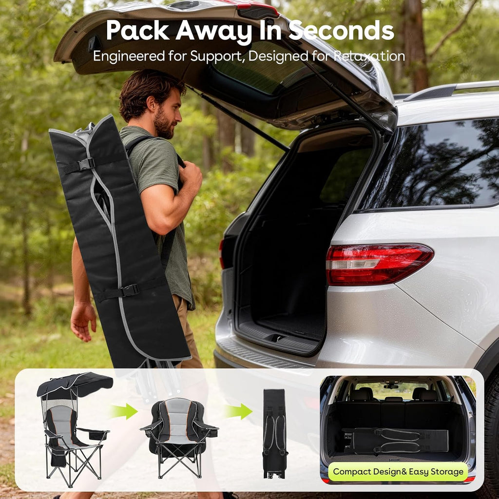 Suteck Camping Chair with Canopy, Outdoor Beach Chair with Adjustable Sun Shade Canopy, Cup Holder, Side Pockets - Heavy Duty Folding Chair with Full Sun Protection Supports 500lbs, Black