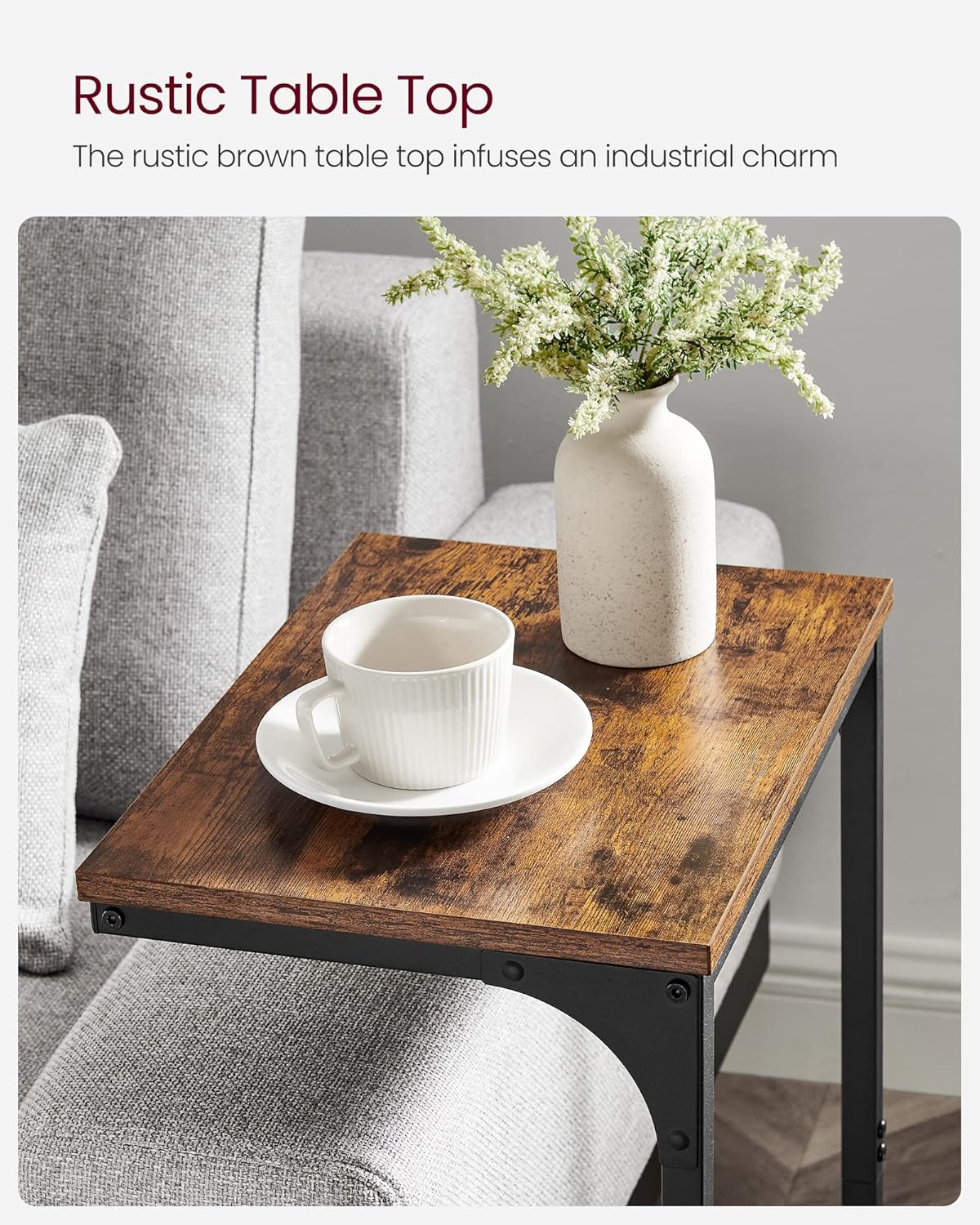 VASAGLE C-Shaped End Table, Side Table for Sofa, Couch Table with Metal Frame, Small TV Tray Table for Living Room, Bedroom, Rustic Brown and Black ULET353B01