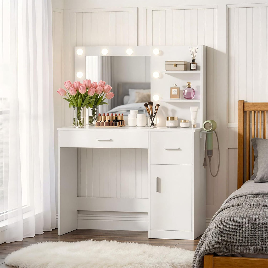 YESHOMY 35.4" Vanity Desk with Mirror & Lights, Power Outlet,Fresh White | 3 Storage Shelves, Makeup Vanity Table with Open Shelves for Bedroom Dressing Room