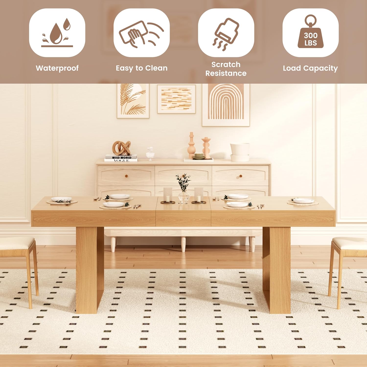 70.9" - 86.6" Extendable Dining Table for 8-10 Person, Modern Expandable Table with U-Shaped Wooden Legs, Dining Table for Dining Room, Kitchen, Living Room, Natural Oak