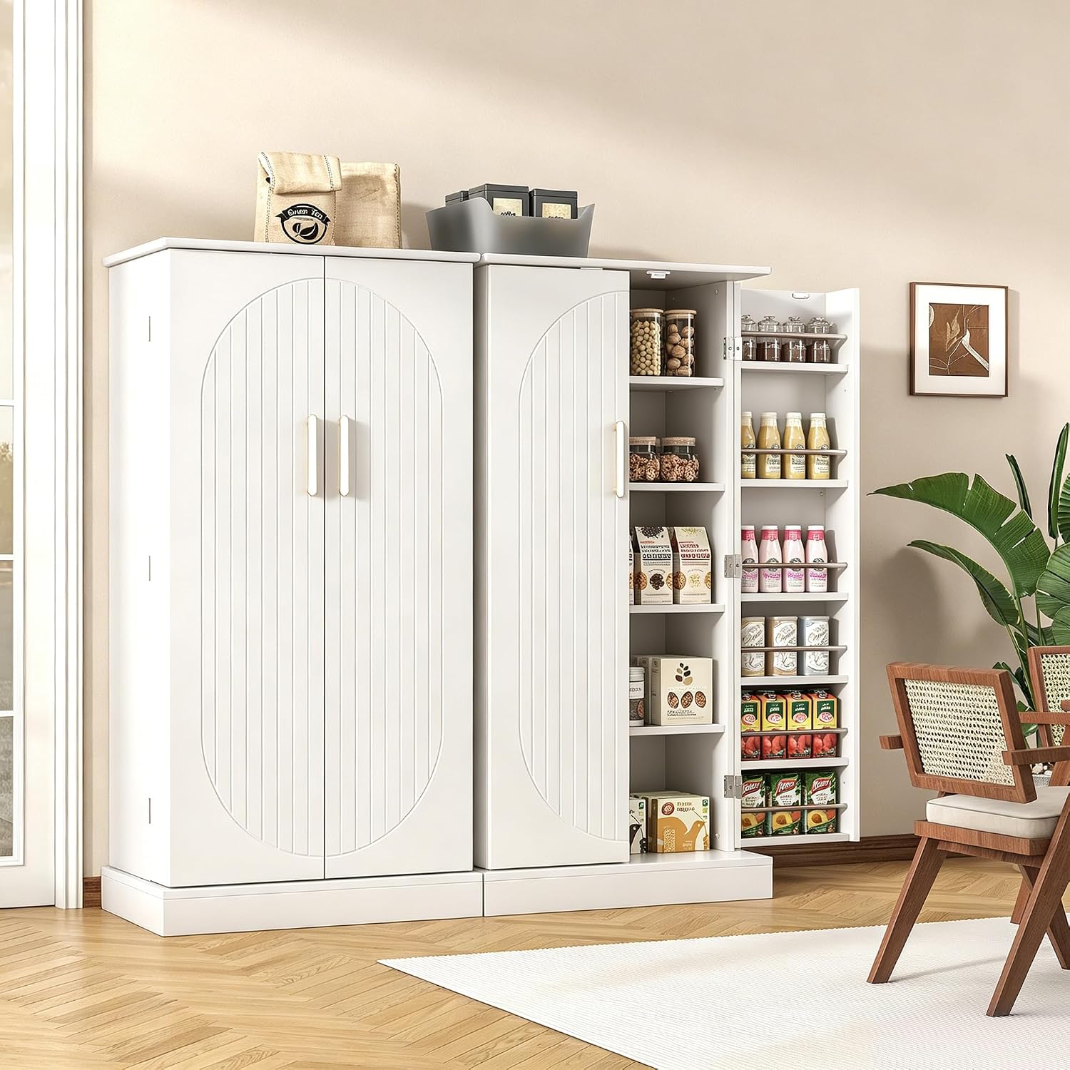kepptory 47" Kitchen Pantry Cabinet with Doors and Adjustable Shelves, Freestanding Pantry Storage Cabinet, Farmhouse Buffet Cupboard for Kitchen, Dining Room, Living Room, White