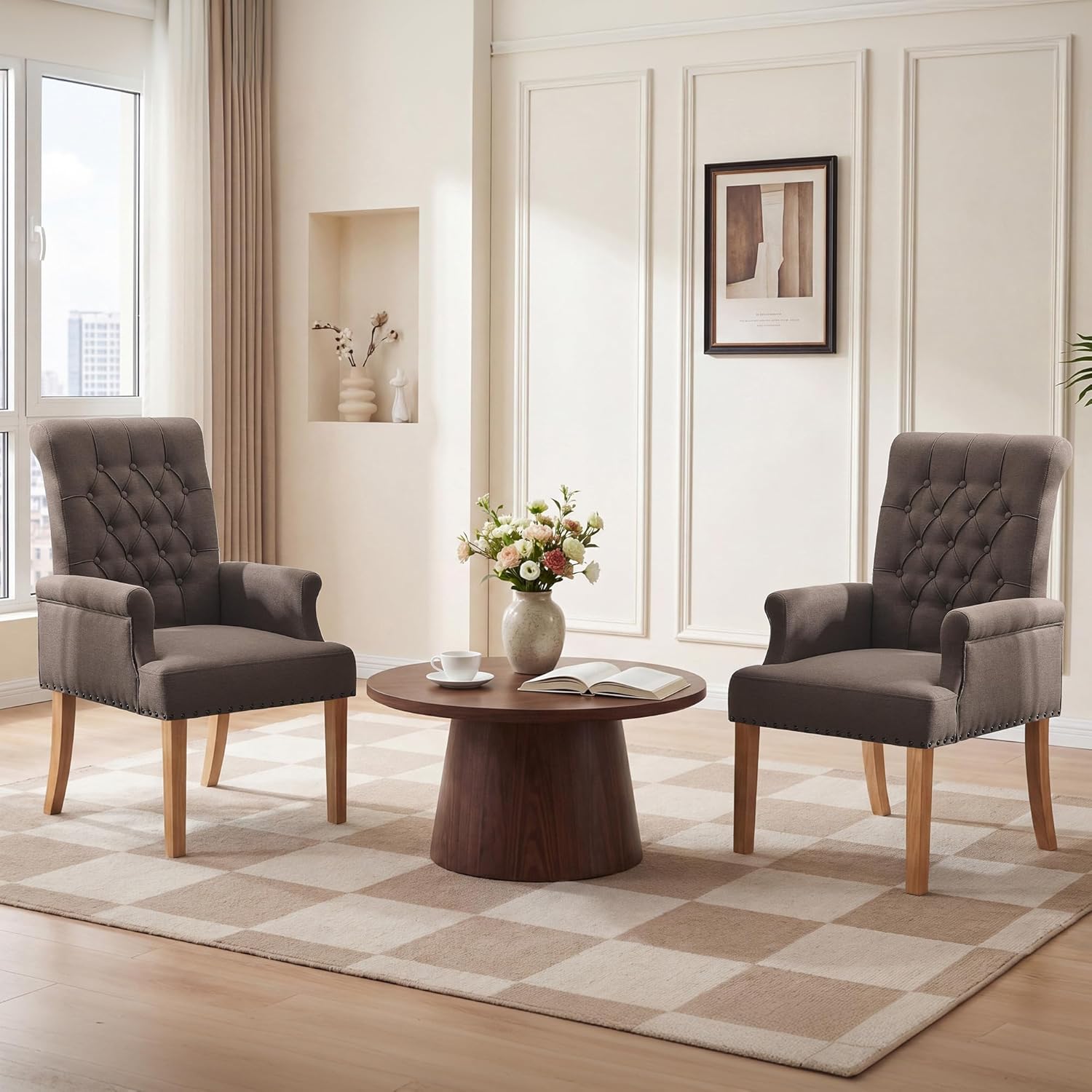 Upholstered Dining Chairs, Modern Fabric Dining Room Chairs with Arms, Tufted High Back Armchair with Solid Wood Legs for Dining Living Room, Kitchen, Brown