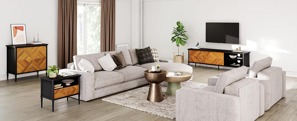Howizz Lenia 63" Solid Acacia Wood TV Media Console 65 70 75 Inch | Farmhouse Rustic Mid Century Modern TV Stand Living Room, Entertainment Center Storage & Cabinets, Black Brown Teak