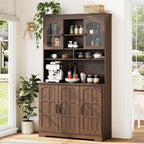 70.9" Tall Kitchen Pantry Cabinet with Glass Doors and Hutch, Freestanding Storage Cupboard with 5 Cabinets, Open Shelves & Inner Door Spice Racks, Multi-Purpose Organizer for Dining Room, Kitchen
