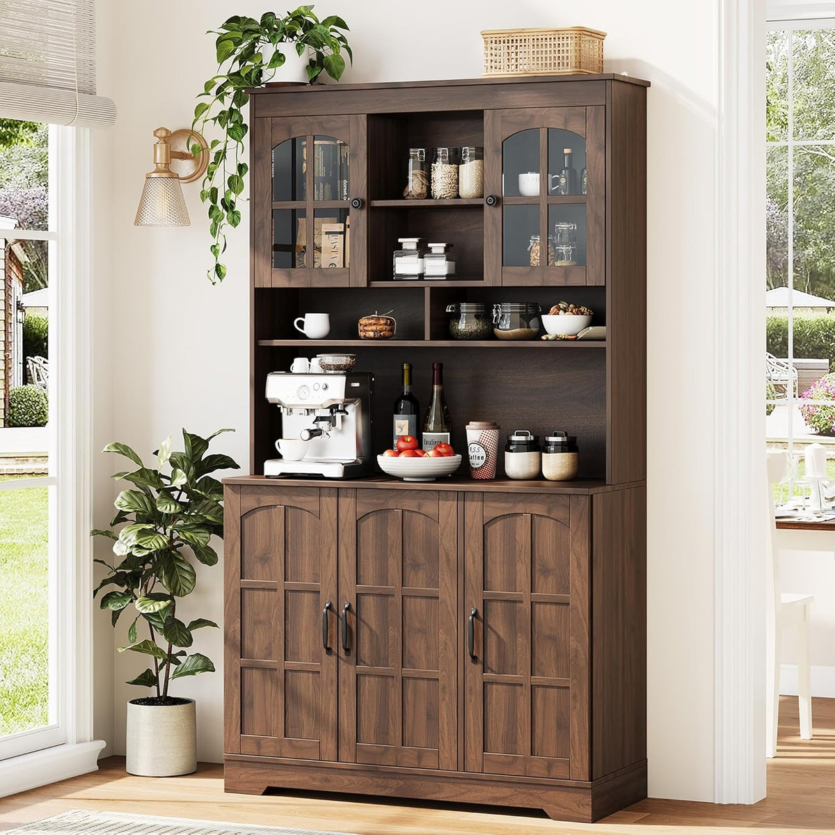 70.9" Tall Kitchen Pantry Cabinet with Glass Doors and Hutch, Freestanding Storage Cupboard with 5 Cabinets, Open Shelves & Inner Door Spice Racks, Multi-Purpose Organizer for Dining Room, Kitchen