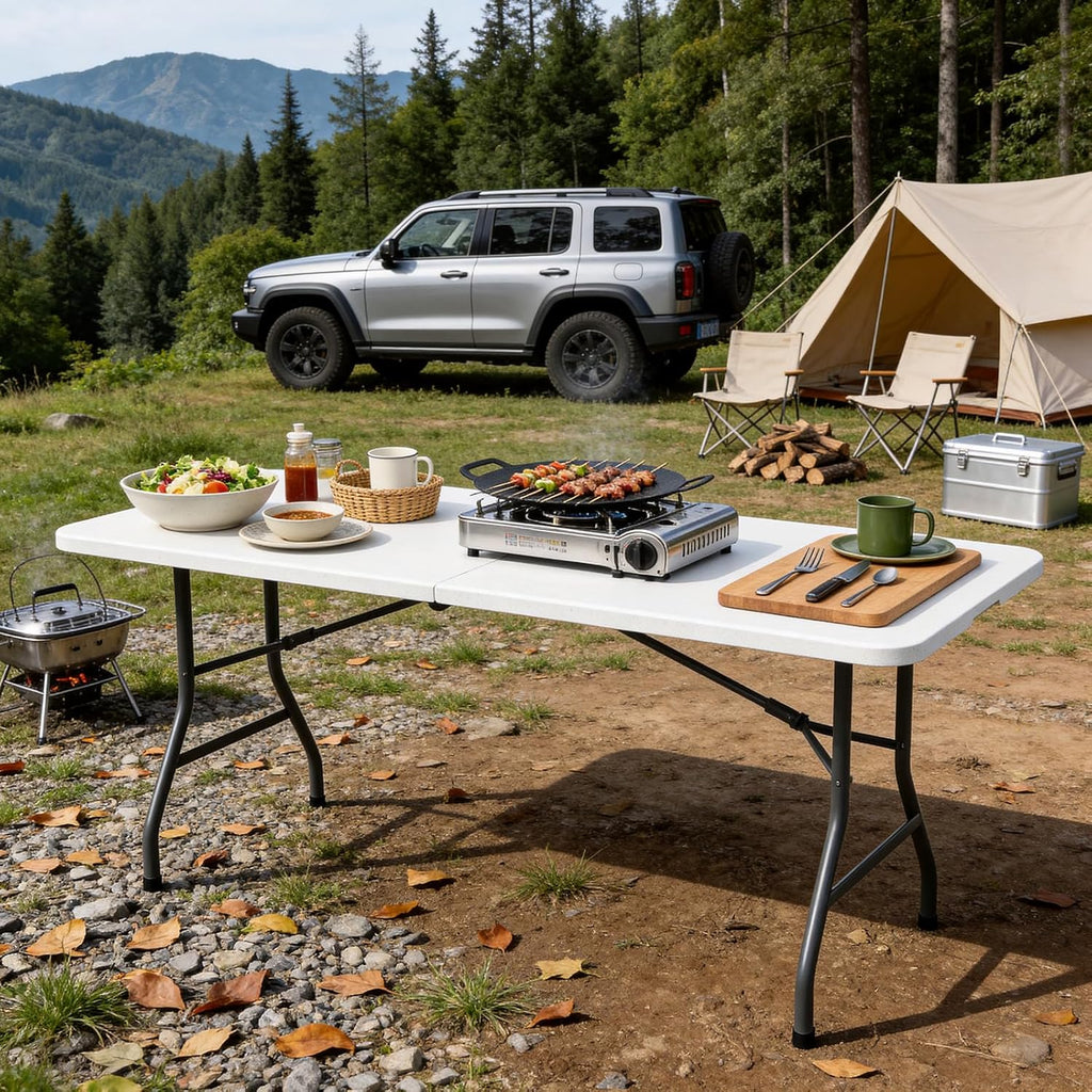 6FT Folding Table 6 Pack, Heavy Duty Fold in Half Plastic Tables with Carry Handle, Portable Indoor Outdoor Utility Table for Party, Picnic, Camping, Banquet, Wedding, RV Travel
