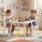GLACER Kids Table and Chairs, 3-Piece Wooden Activity Table and Chair Set with Pine Legs & Windsor Back for Play, Reading & Learning, Playroom Nursery Furniture for Boys and Girls Ages 3+ (White)