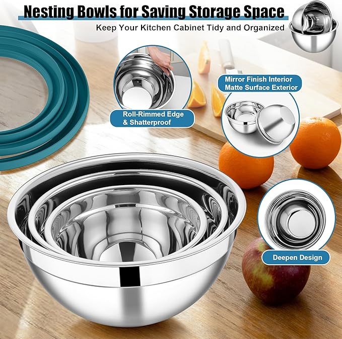 E-far Mixing Bowls with Lids and Graters, Stainless Steel Salad Mixing Bowl with Transparent Lid Set of 3, Metal Nesting Salad Storage for Kitchen Prepping/Serving/Baking, 4.6/2.6/1.5QT - Teal Blue
