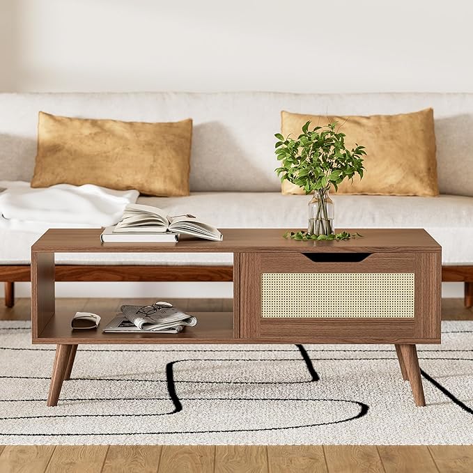 Brown Rattan Coffee Table, Mid Century Modern with Drawer & Shelf, 39'' Wooden Boho Coffee Table for Living Room