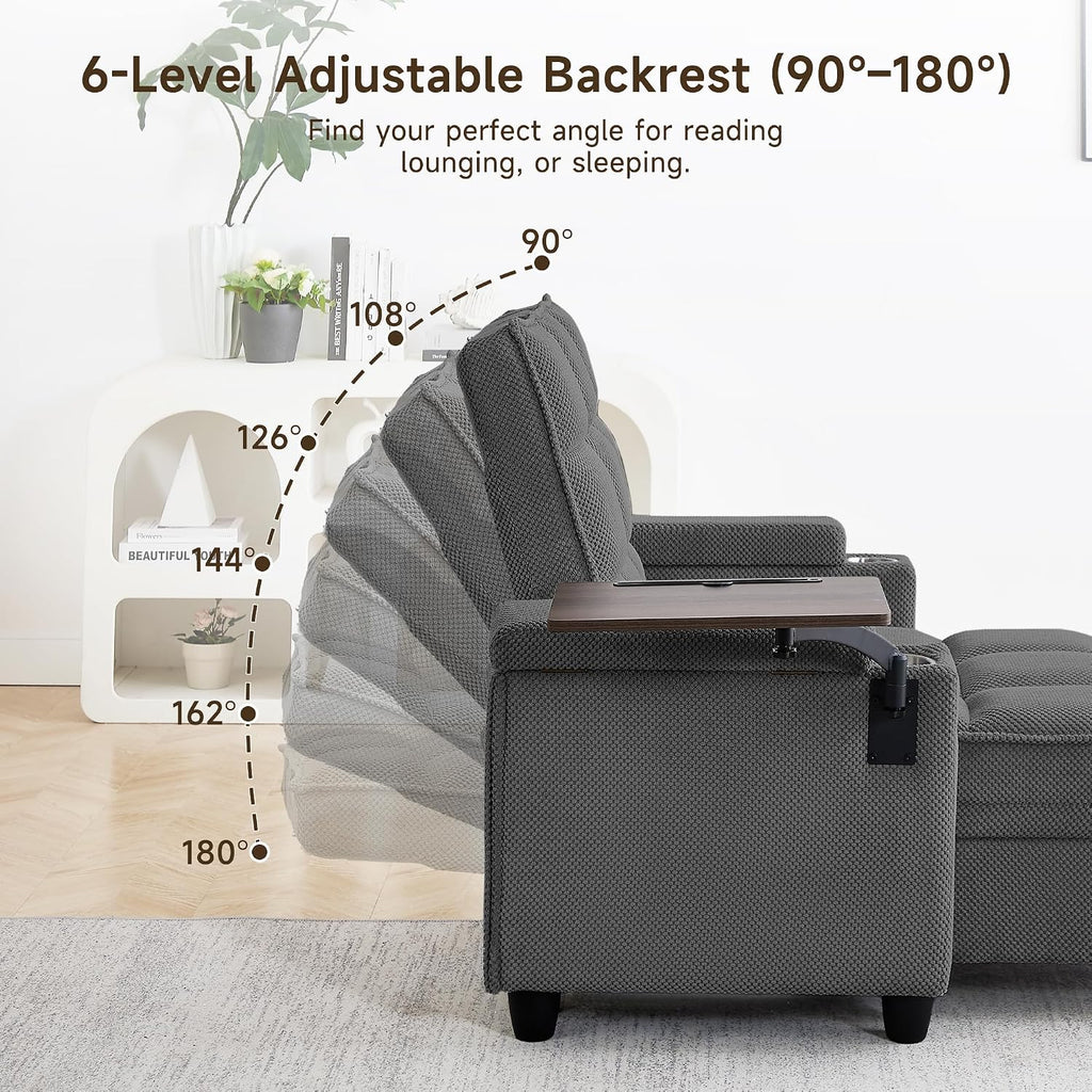 41.7" Oversized Chaise Lounge Chair Indoor, 3-in-1 Convertible Sleeper Lounger with Adjustable Backrest, Deep Seat Reading Chair with Armrest Storage, Swivel Table & Cup Holders (41.7" Dark gray)